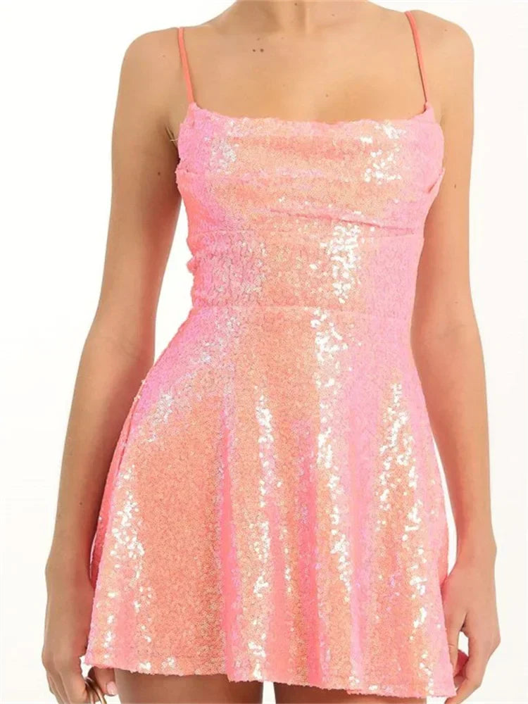 Sequin Square Neck Spaghetti Strap A-Line Mini Dress - View 14