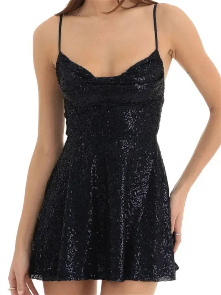 Sequin Square Neck Spaghetti Strap A-Line Mini Dress - View 7