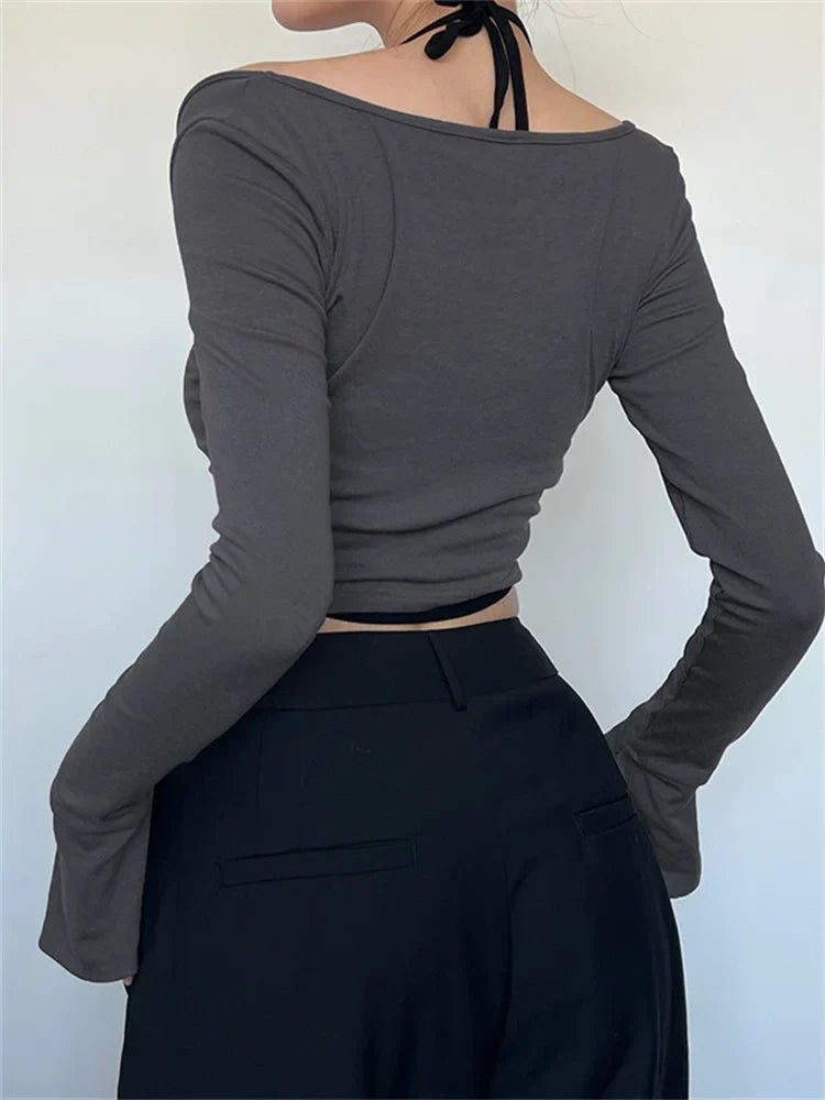 Patchwork Off-Shoulder Long Sleeve Top