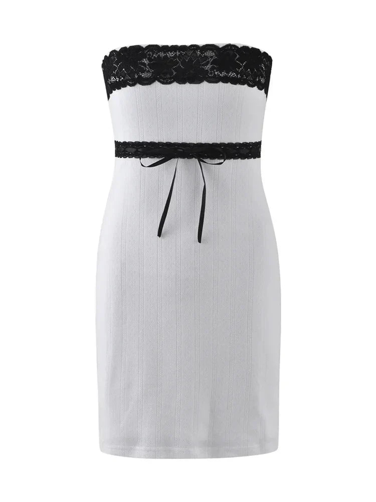 Off Shoulder Lace Trim Tube Mini Dresses - View 6