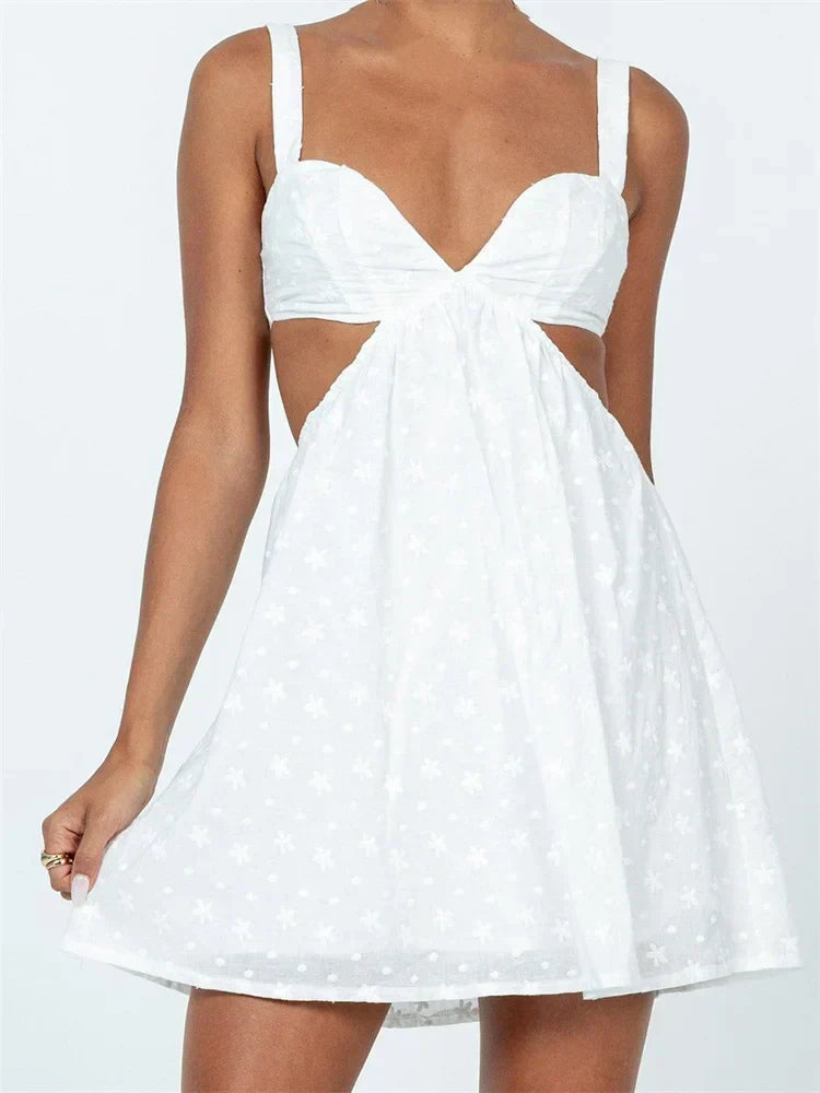 VNeck Sleeveless Backless Hollow Out Lace Mini Dresses - View 4