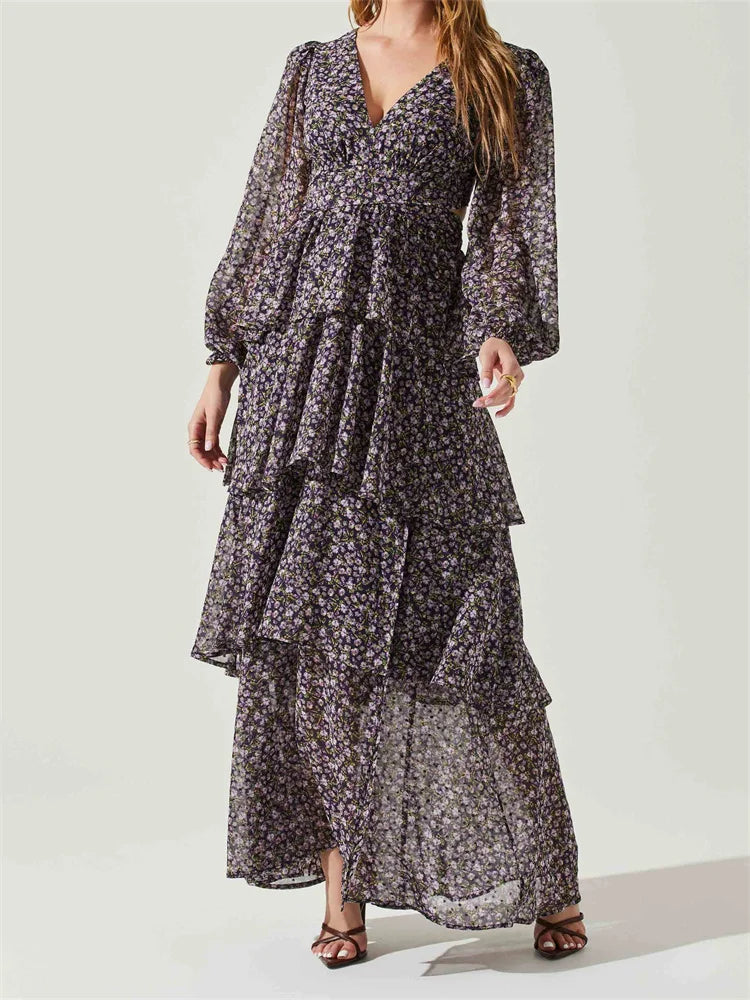 V-Neck Long Sleeve Ditsy Floral Tiered Ruffle Maxi Dress