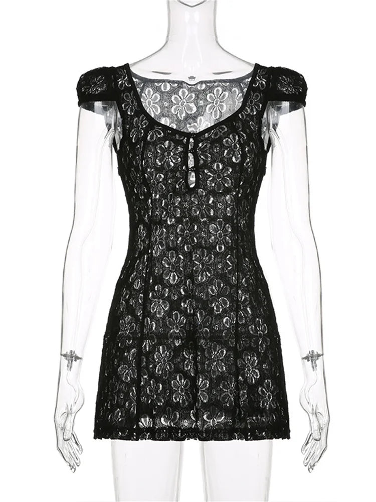 Lace Floral V-Neck A-Line Mini Dress - View 3