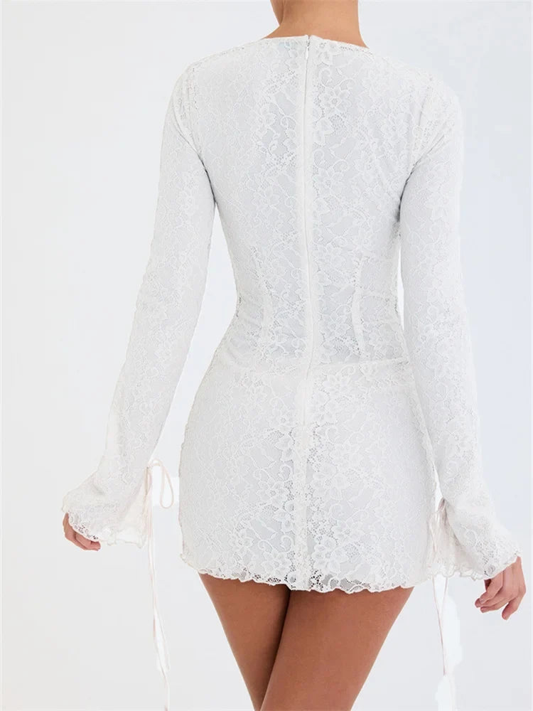 Lace Boat Neck Long Sleeve Backless Bodycon Mini Dress - View 4