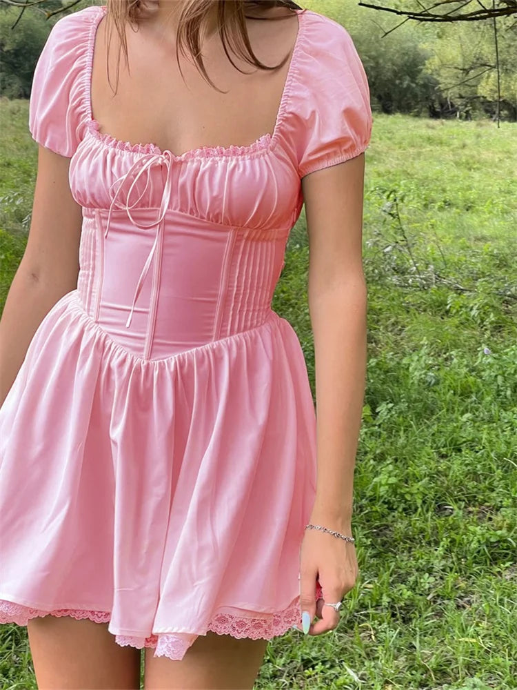 Corset Lace Front TieUp Short Sleeve Mini Dresses - View 2