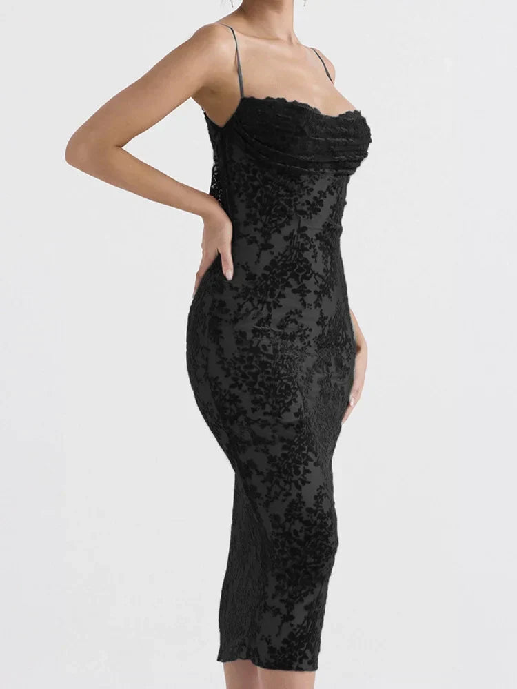 Floral Mesh Spaghetti Strap Bodycon Midi Dress - View 4