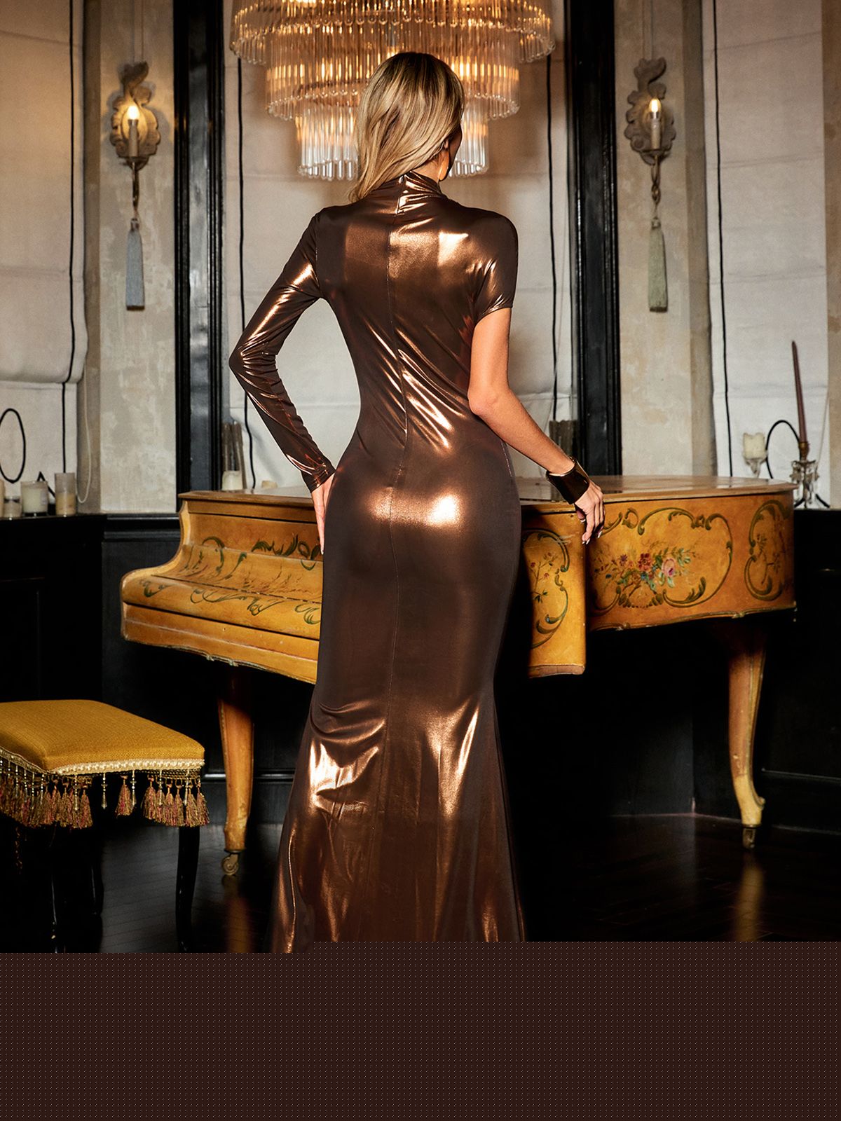 Metallic Mock Neck One Sleeve Diagonal Cut Out Bodycon Maxi Gown - View 6