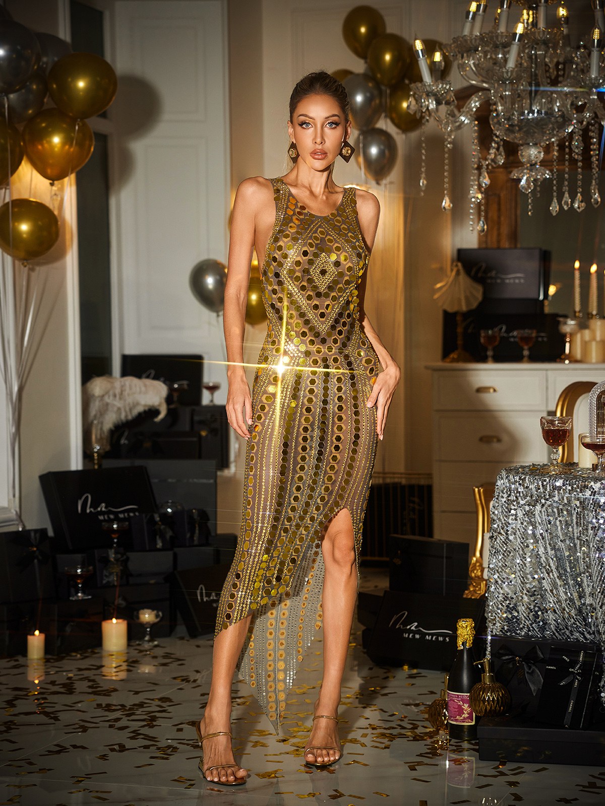 Sequin Crew Neck Sleeveless High Split Bodycon Midi Dress - View 3