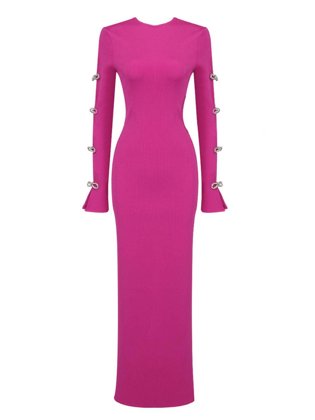 Ribbed Knit Crew Neck Rhinestone Bow Cut Out Sleeve Bodycon Maxi Dress - View 6