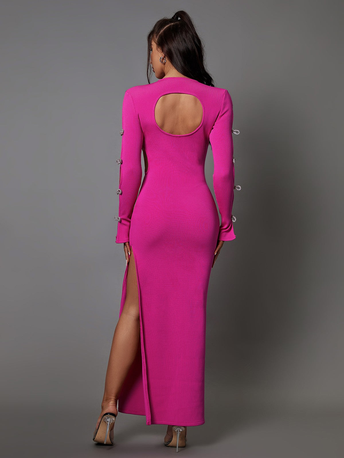 Ribbed Knit Crew Neck Rhinestone Bow Cut Out Sleeve Bodycon Maxi Dress - View 5
