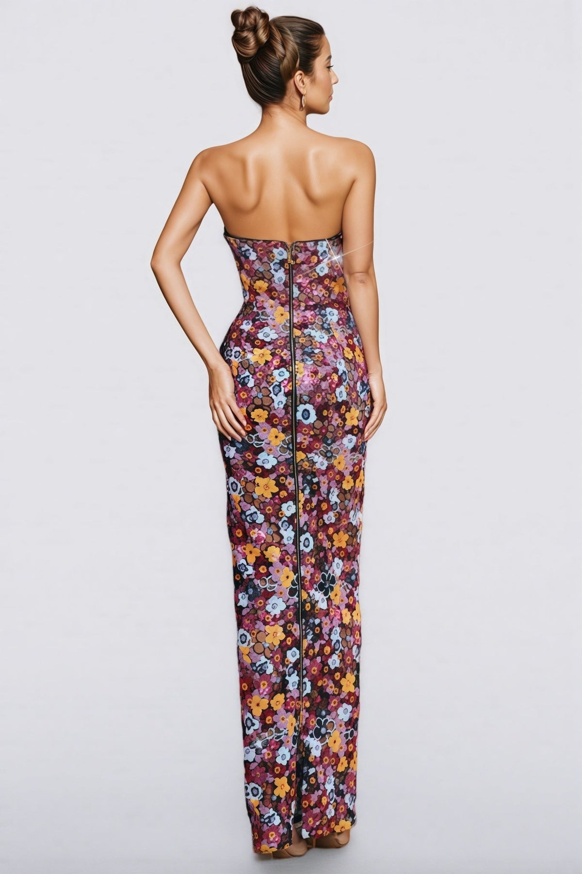 Floral Sequin Strapless Sweetheart Column Maxi Dress - View 6