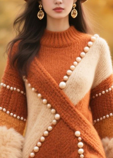 Mock Neck Pearl Embellished Faux Fur Cuff Mini Sweater Dress - View 2