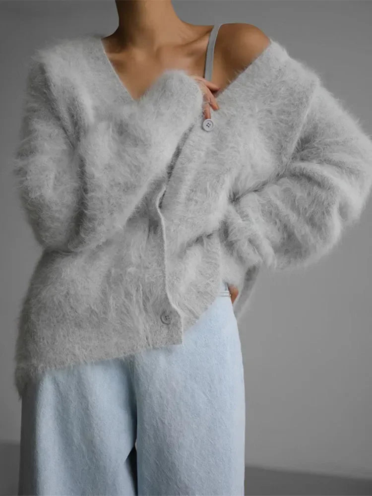 Furry Button Long Sleeve Cardigan