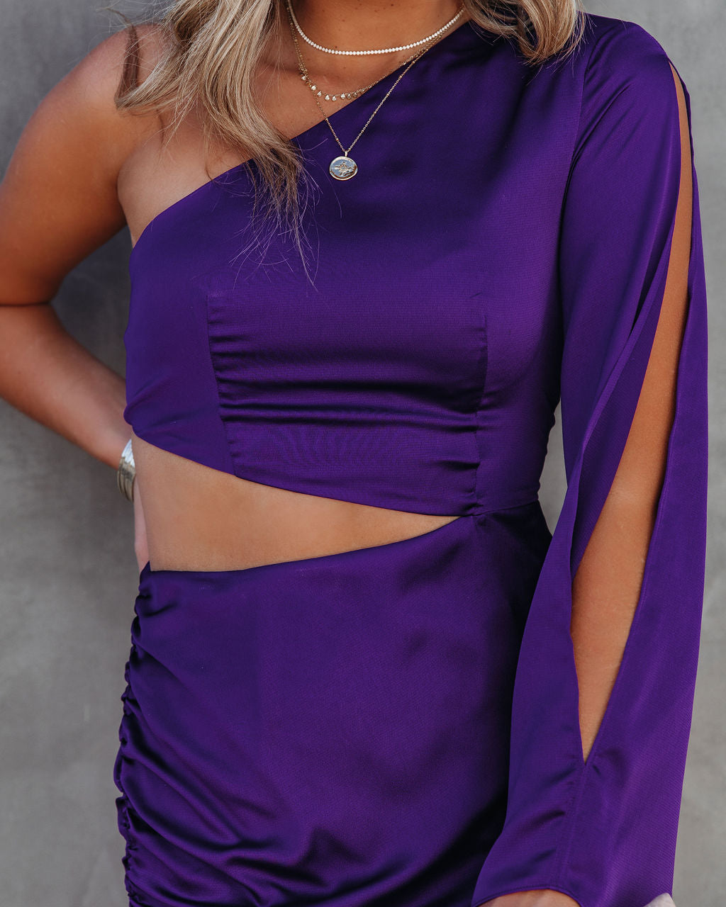 Caydan Satin One Shoulder Cutout Dress Plum FINAL - View 4
