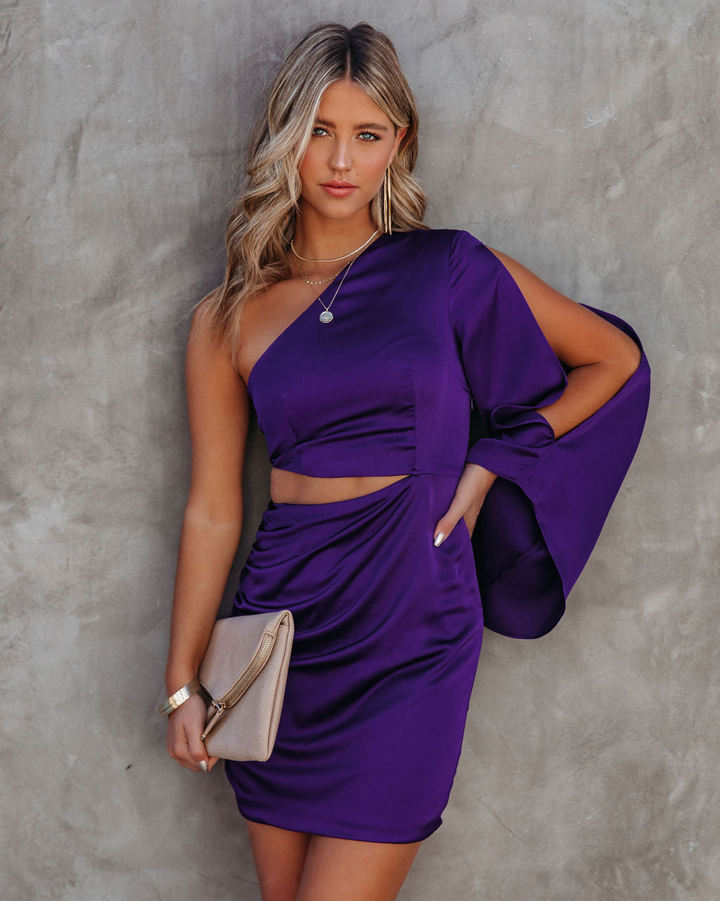 Caydan Satin One Shoulder Cutout Dress Plum FINAL - View 9