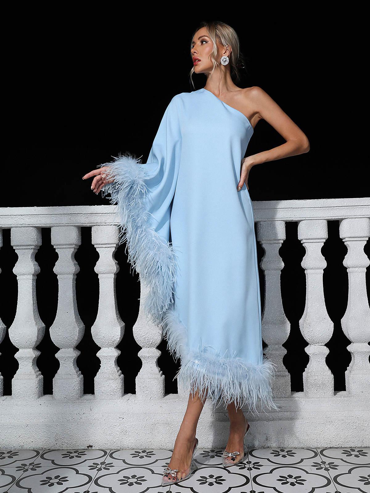 One Shoulder Feather Trim Batwing Sleeve Midi Dress - View 3