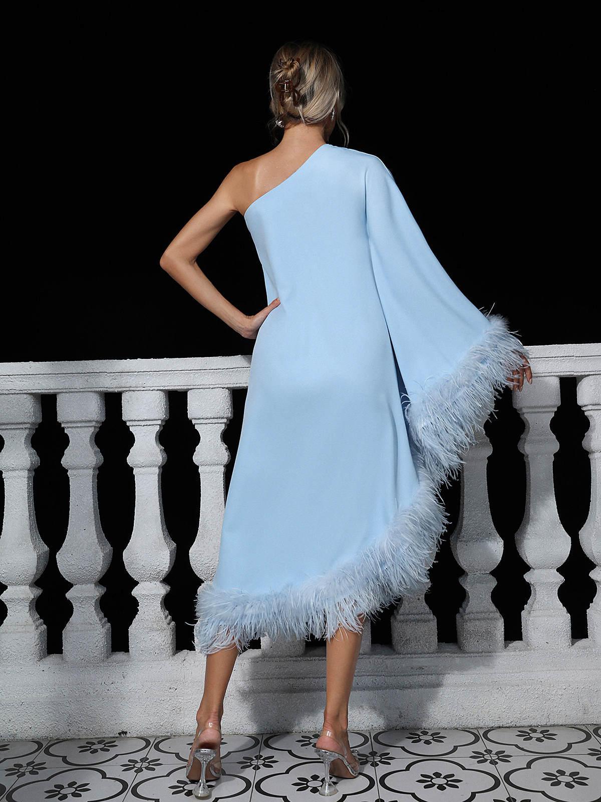 One Shoulder Feather Trim Batwing Sleeve Midi Dress - View 5