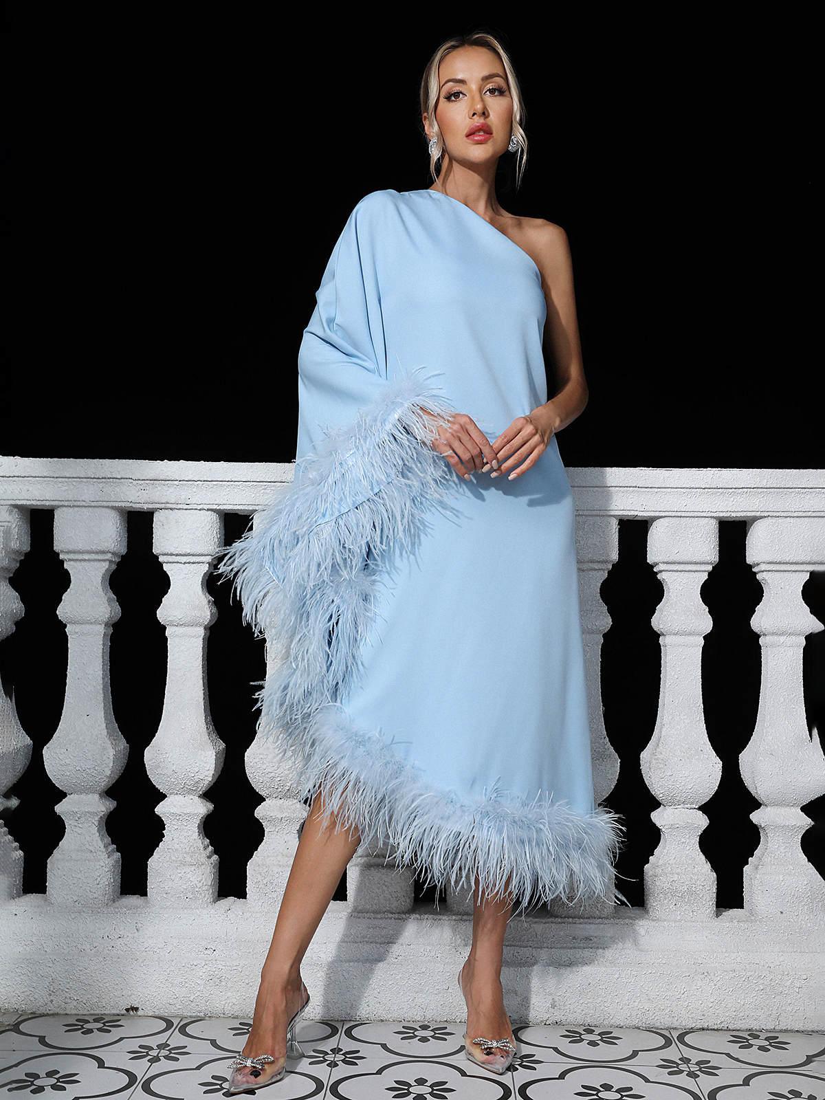 One Shoulder Feather Trim Batwing Sleeve Midi Dress