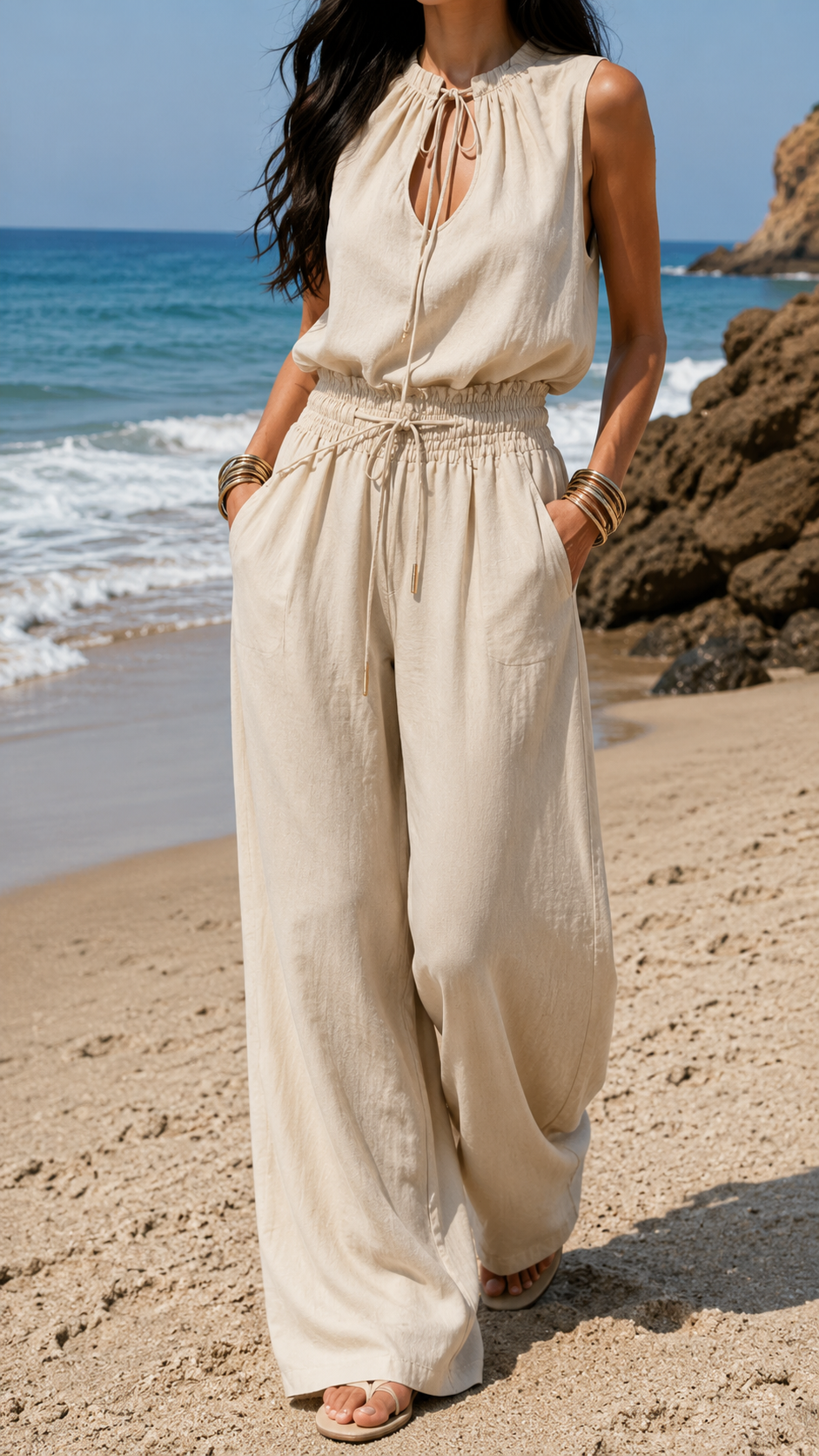 Sleeveless Tie Neck Wide Leg Linen Look Jumpsuit 2