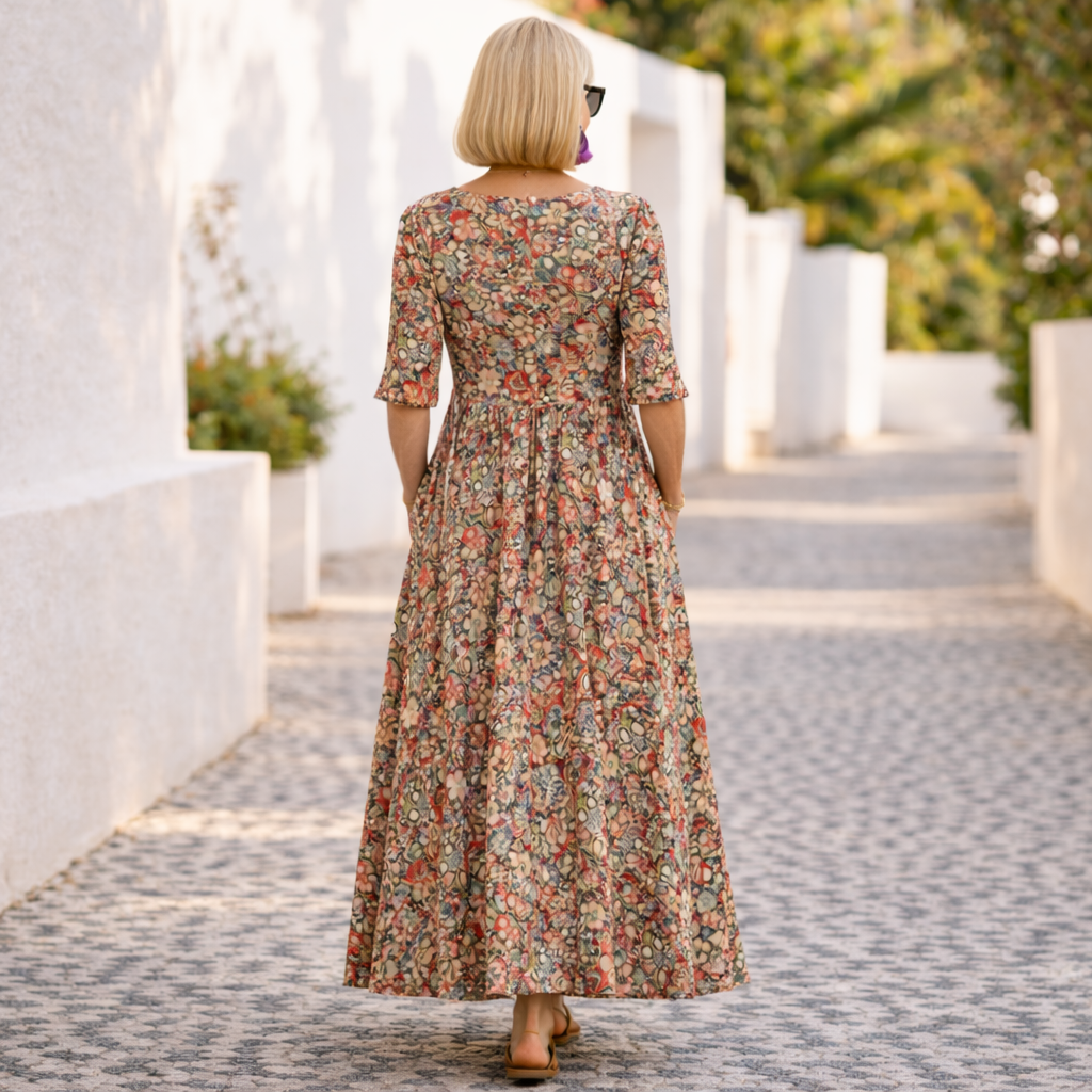 Floral Print V-Neck Short Sleeve Pocket Maxi Dress Summer 2