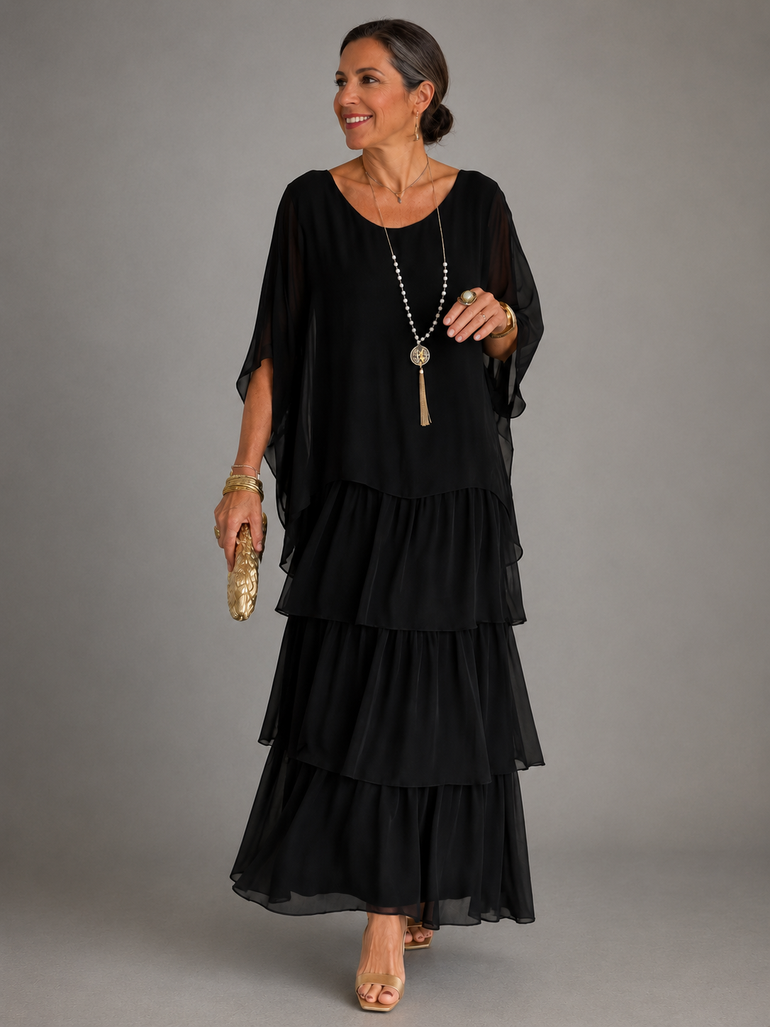 Chiffon Cape Overlay Top and Tiered Print Maxi Skirt Two Piece Set 3