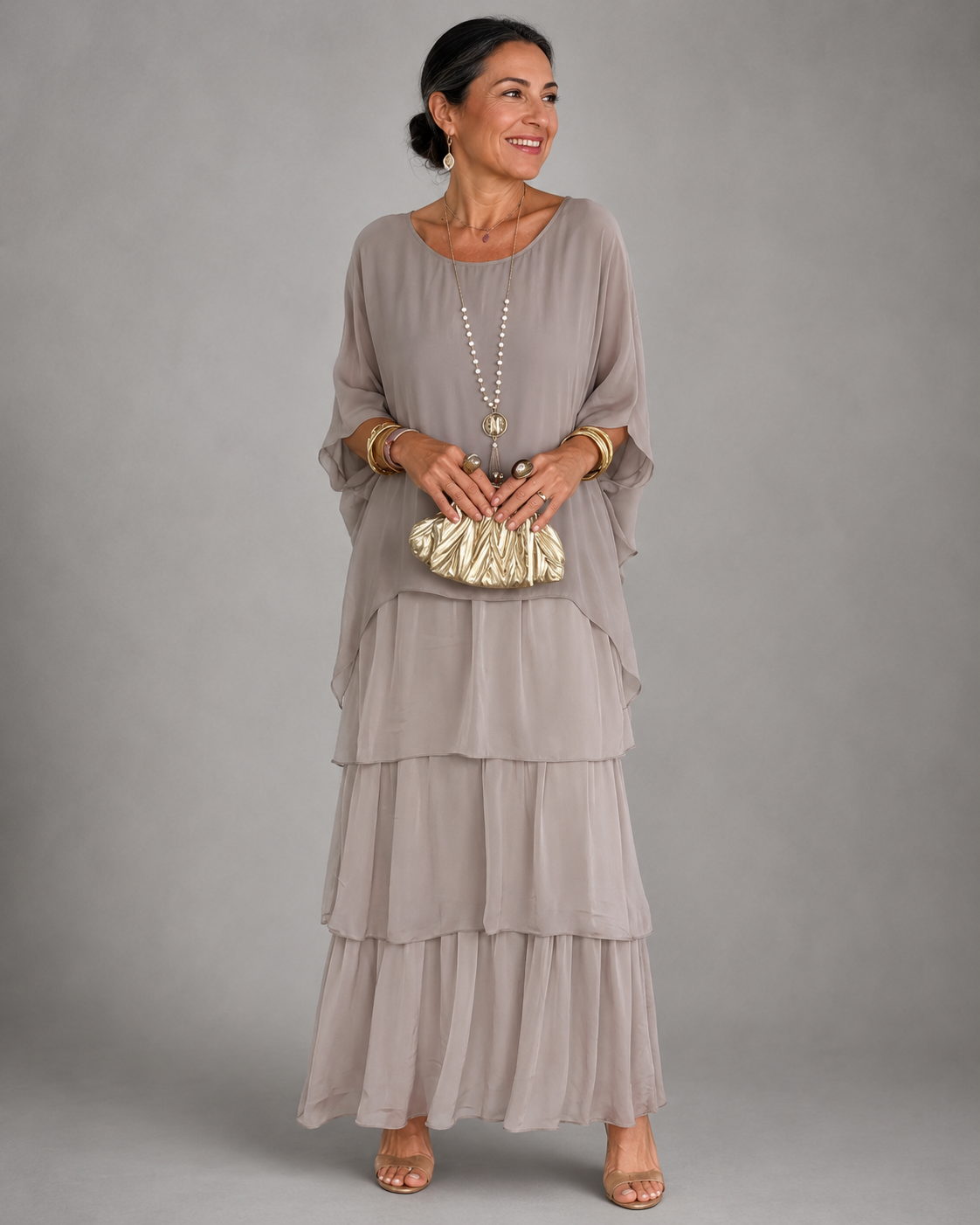 Chiffon Cape Overlay Top and Tiered Print Maxi Skirt Two Piece Set 4