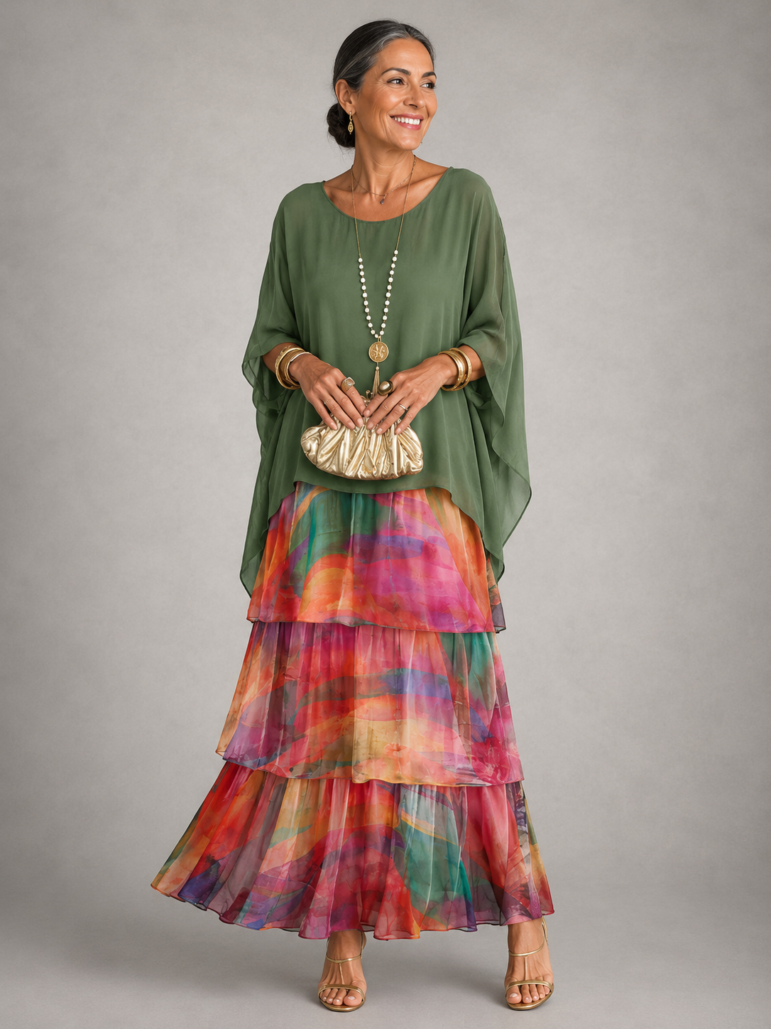 Chiffon Cape Overlay Top and Tiered Print Maxi Skirt Two Piece Set 10