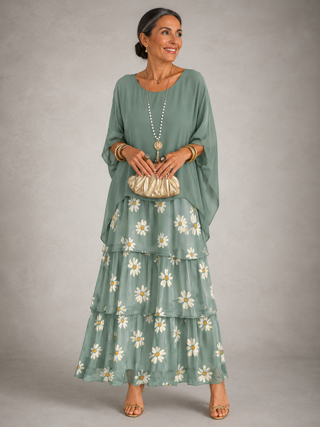 Chiffon Cape Overlay Top and Tiered Print Maxi Skirt Two Piece Set 9