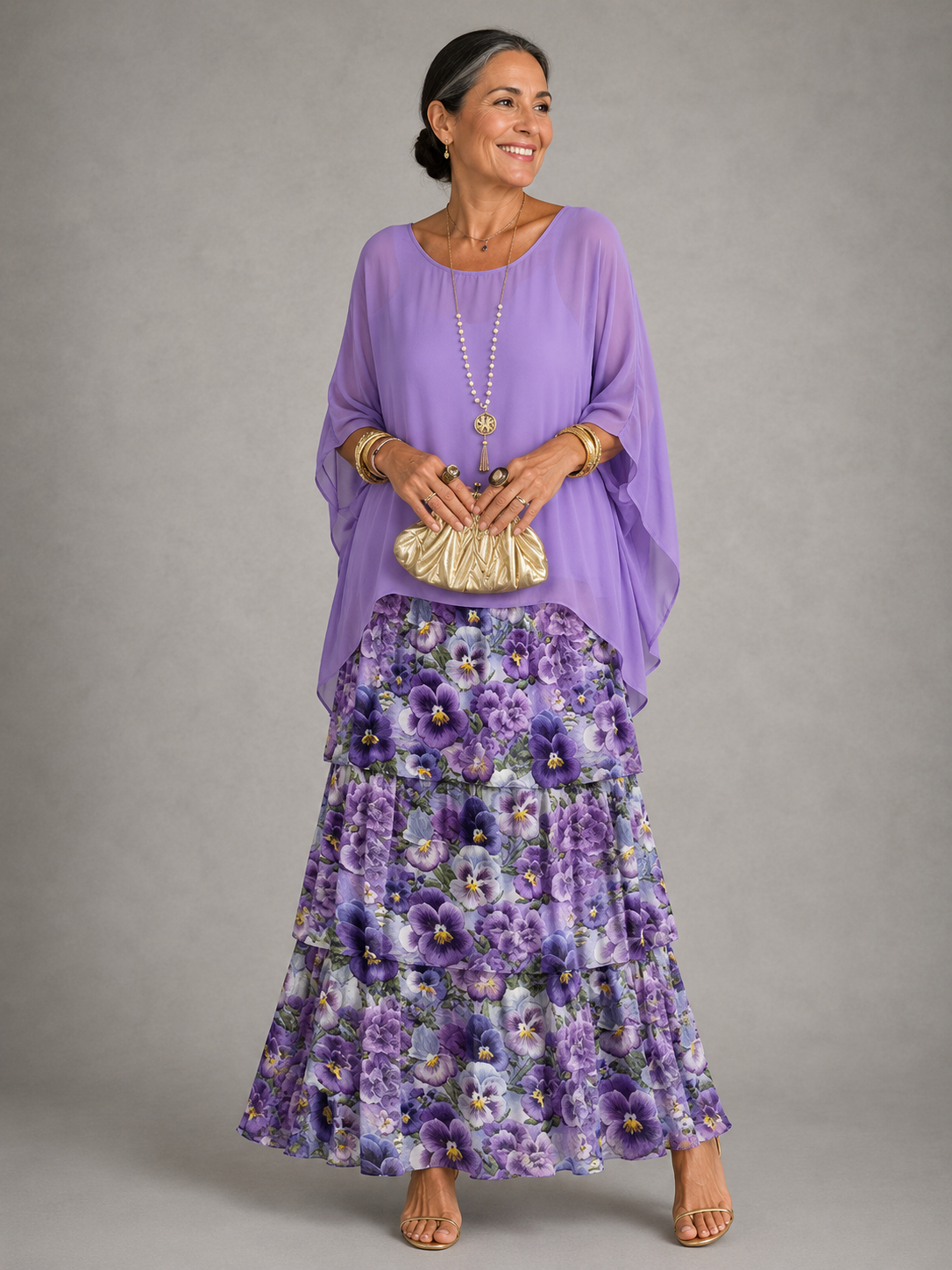 Chiffon Cape Overlay Top and Tiered Print Maxi Skirt Two Piece Set 11