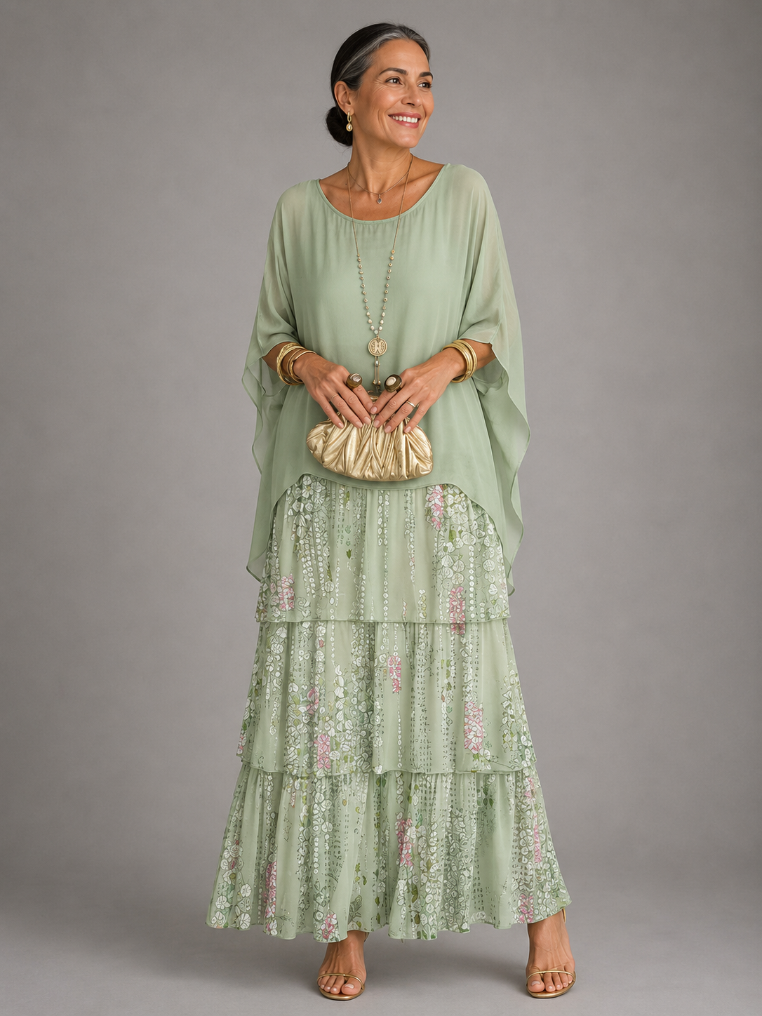 Chiffon Cape Overlay Top and Tiered Print Maxi Skirt Two Piece Set 12