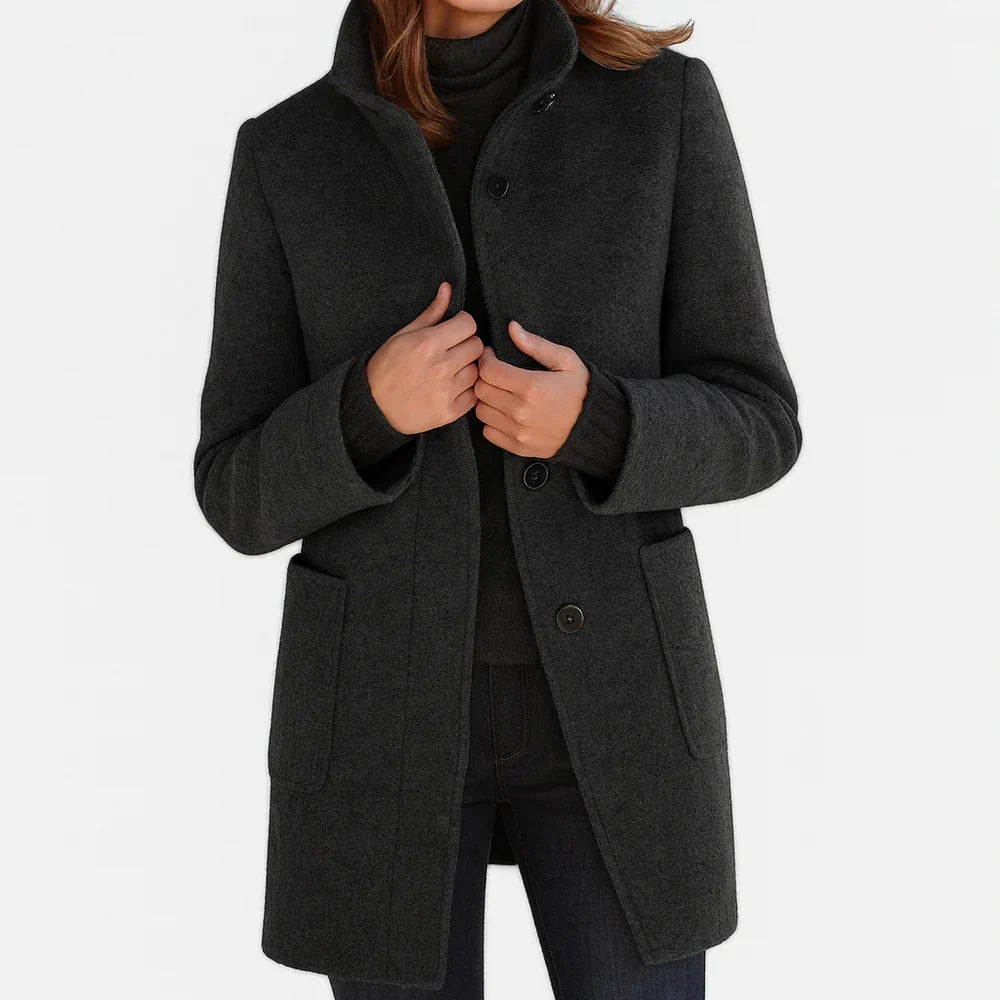 Stand Collar Button Front Wool Blend Coat 2