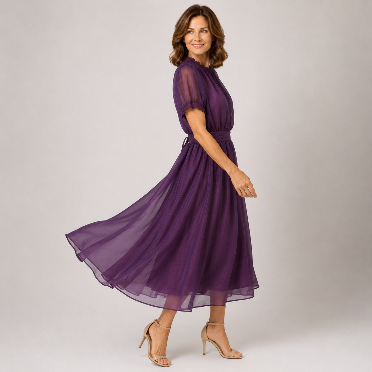 Organza Keyhole Lace Trim Short Sleeve A-Line Midi Dress 4