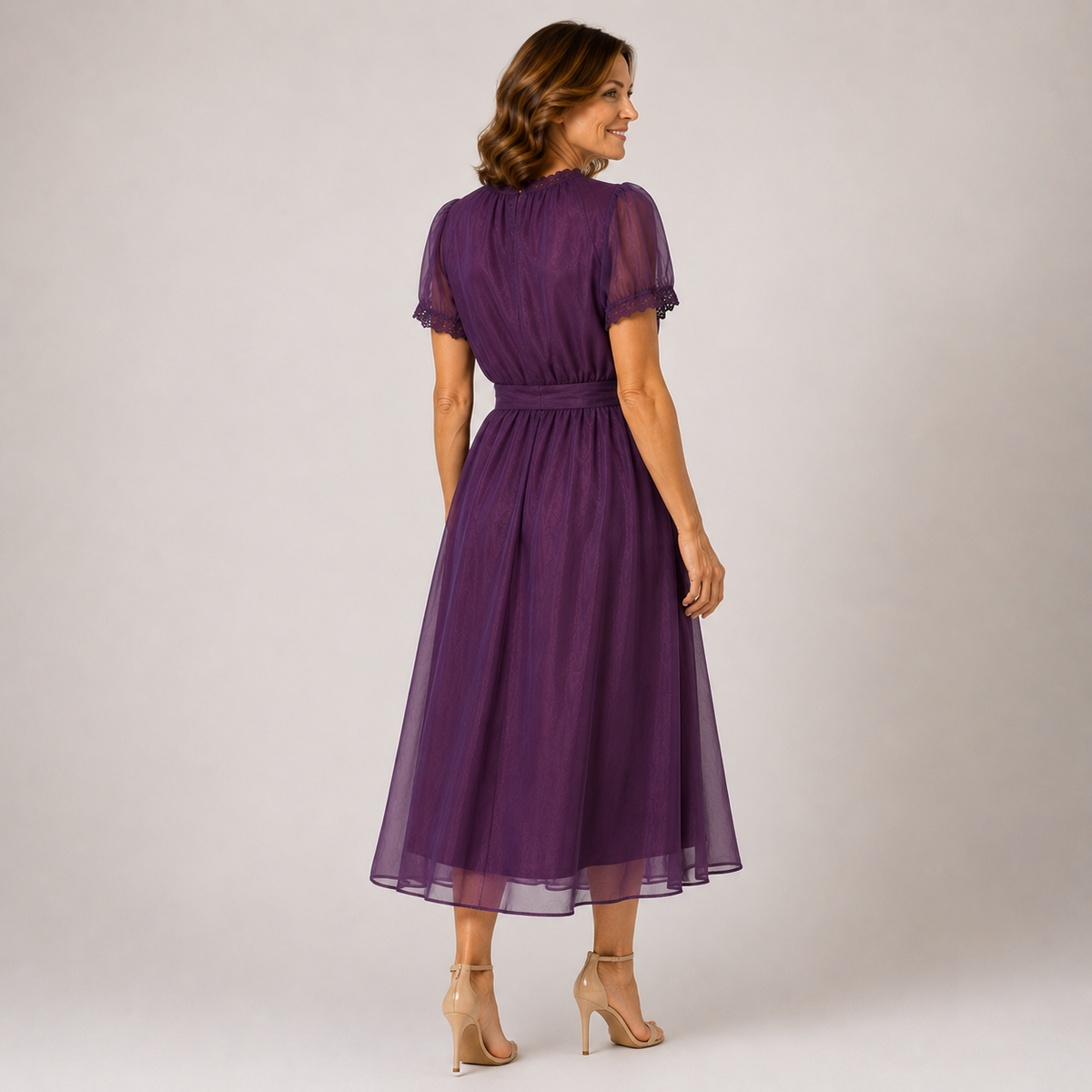 Organza Keyhole Lace Trim Short Sleeve A-Line Midi Dress 5