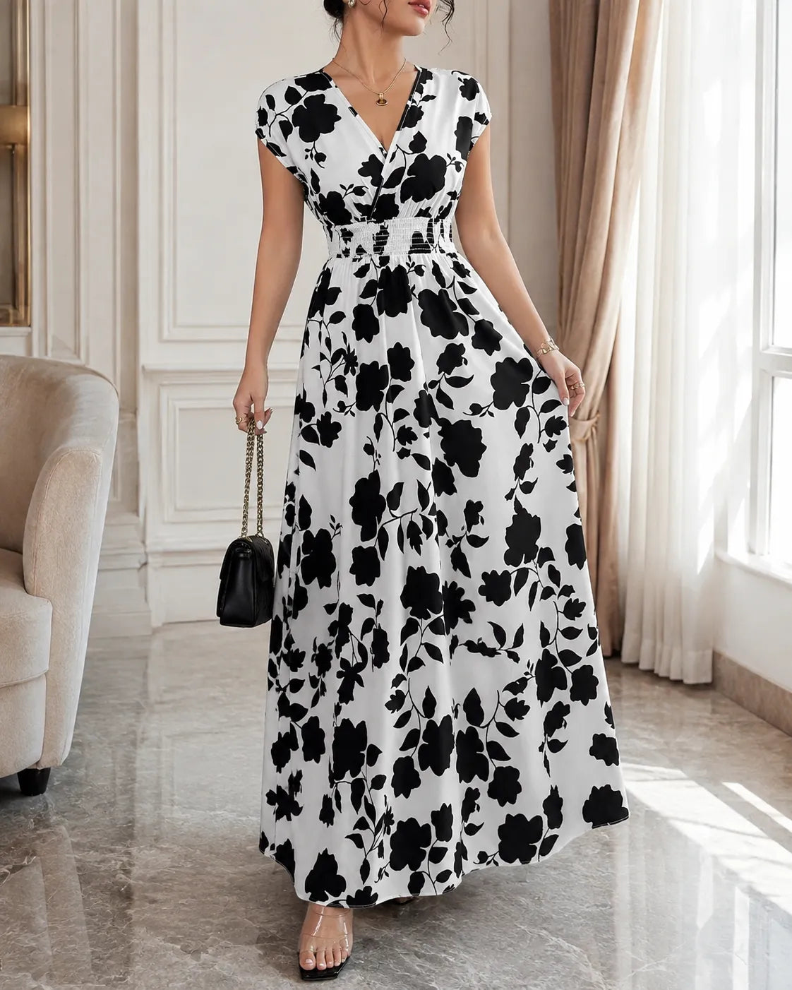 Floral Print V-Neck Cap Sleeve Smocked Waist Maxi Dress 3