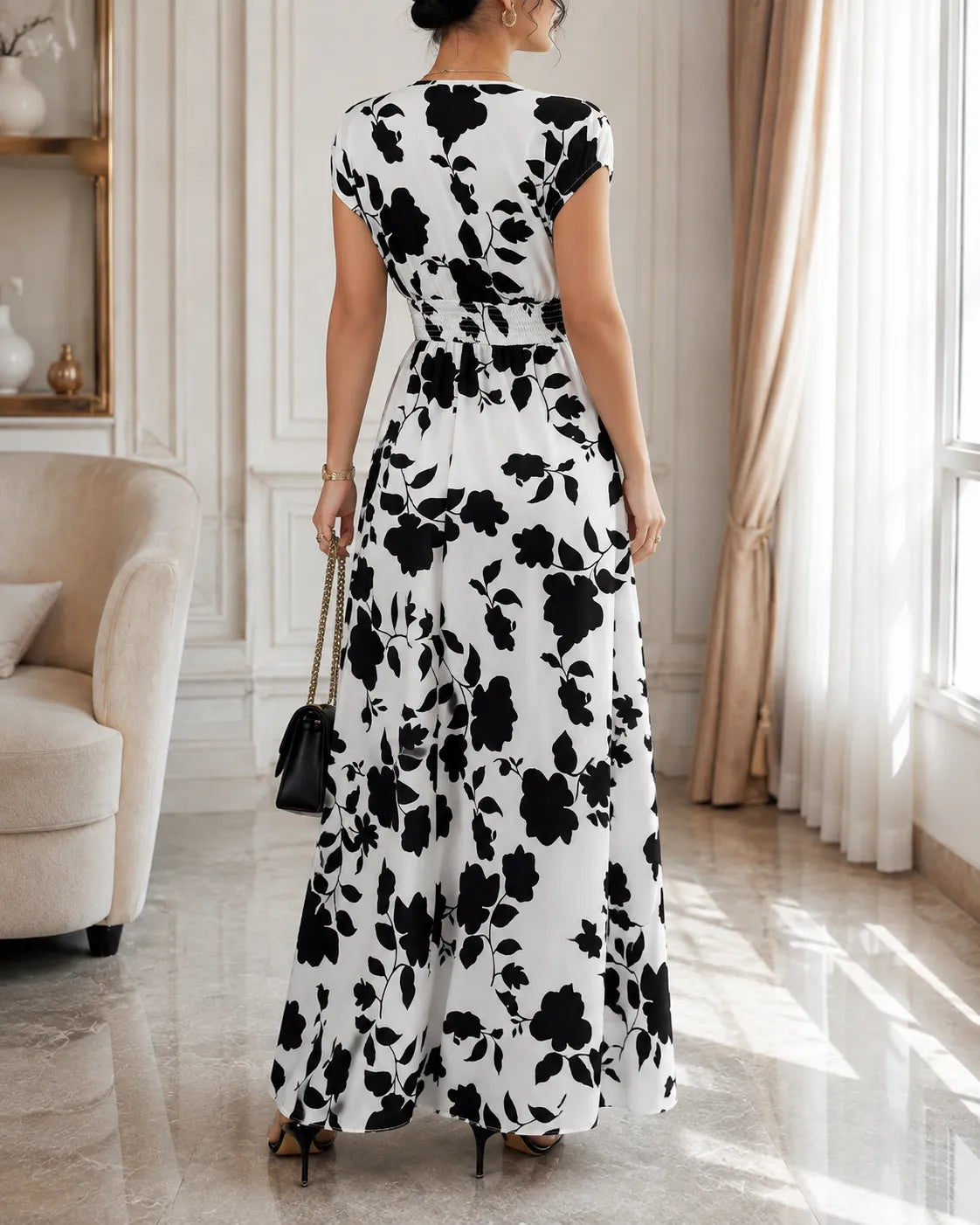 Floral Print V-Neck Cap Sleeve Smocked Waist Maxi Dress 2