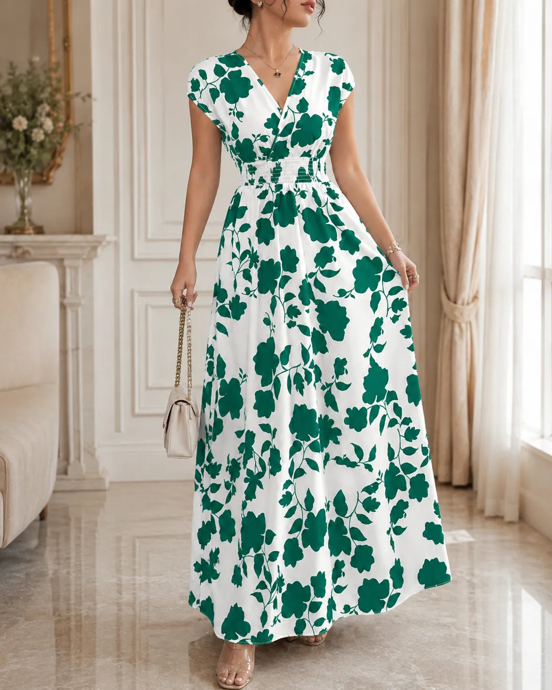Floral Print V-Neck Cap Sleeve Smocked Waist Maxi Dress 4