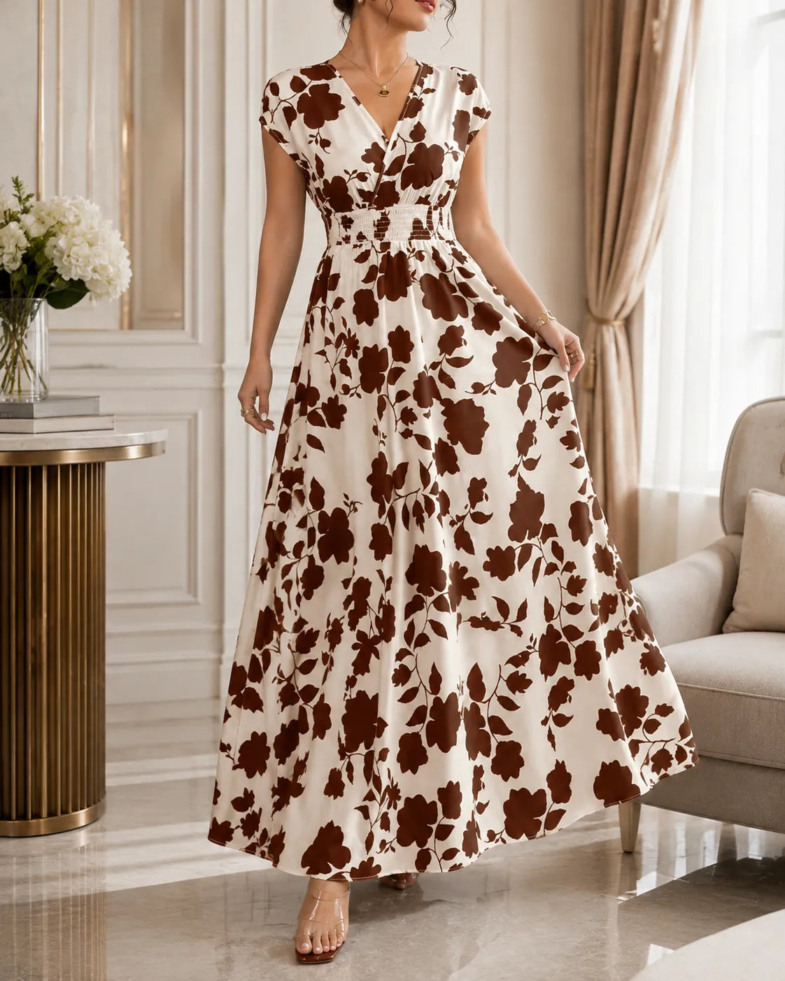 Floral Print V-Neck Cap Sleeve Smocked Waist Maxi Dress 5