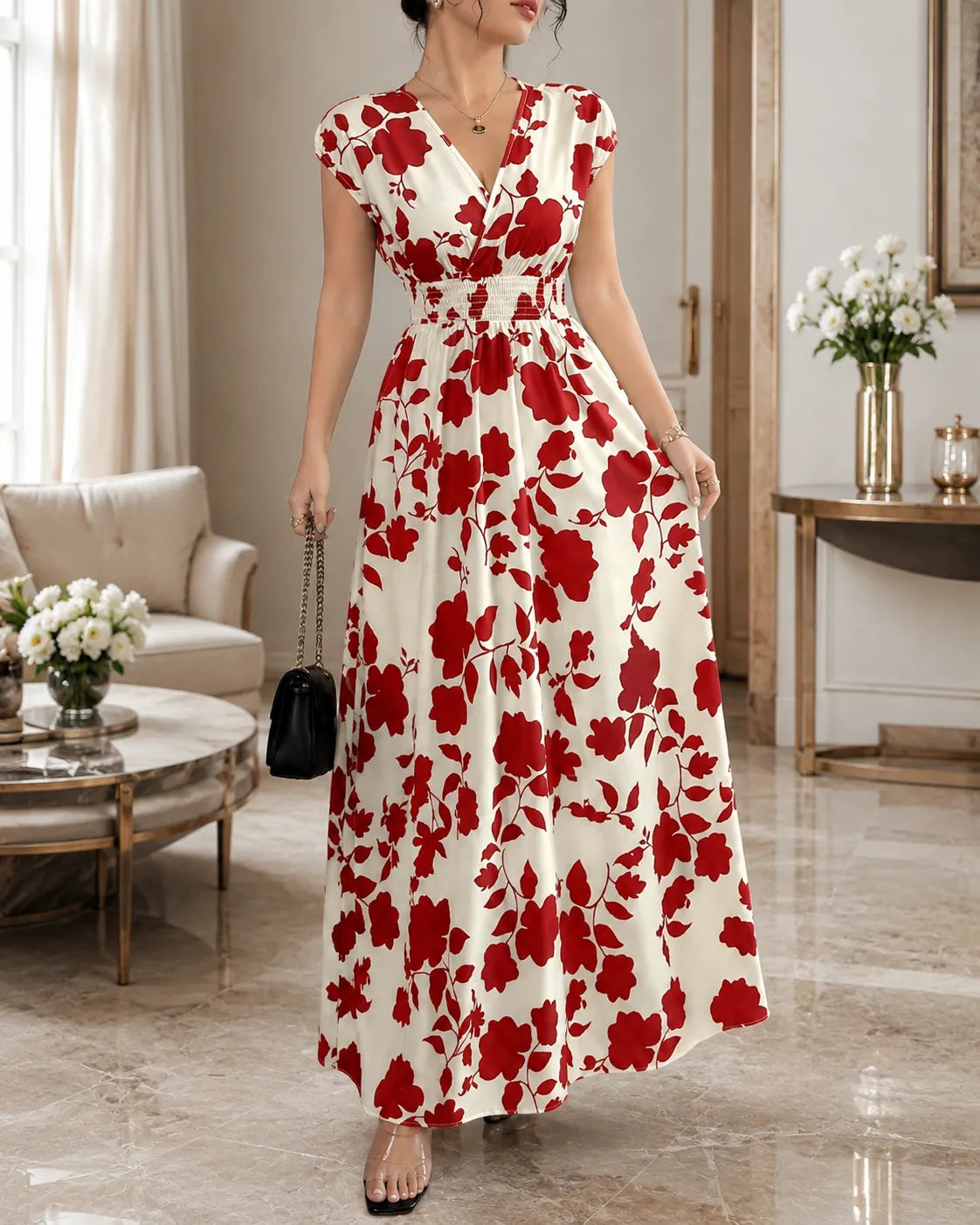Floral Print V-Neck Cap Sleeve Smocked Waist Maxi Dress 6