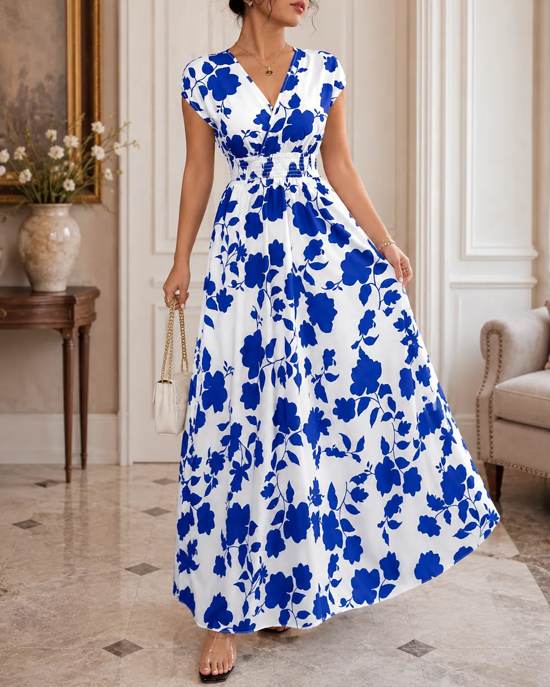 Floral Print V-Neck Cap Sleeve Smocked Waist Maxi Dress 7