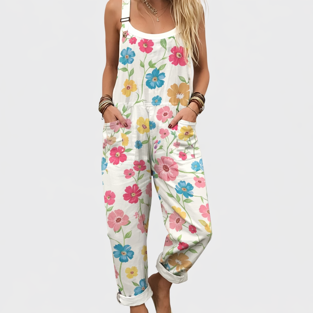 Floral Print Pocket Wide Leg Overall Jumpsuit