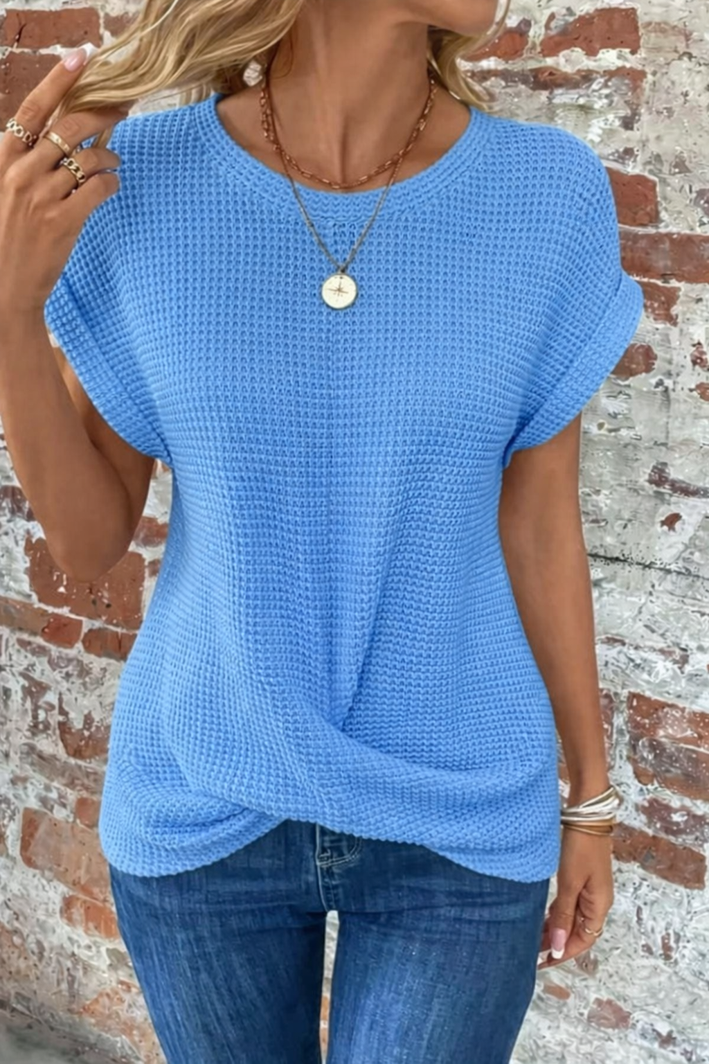 Waffle Knit Round Neck Short Sleeve Twist Front Top 10