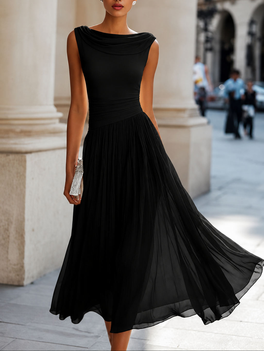 Chiffon Cowl Neck Sleeveless Pleated Midi Cocktail Dress 2