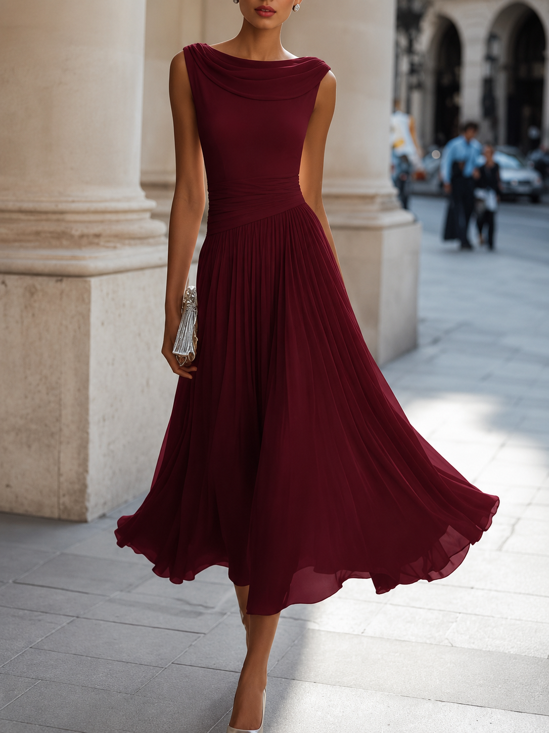 Chiffon Cowl Neck Sleeveless Pleated Midi Cocktail Dress 3