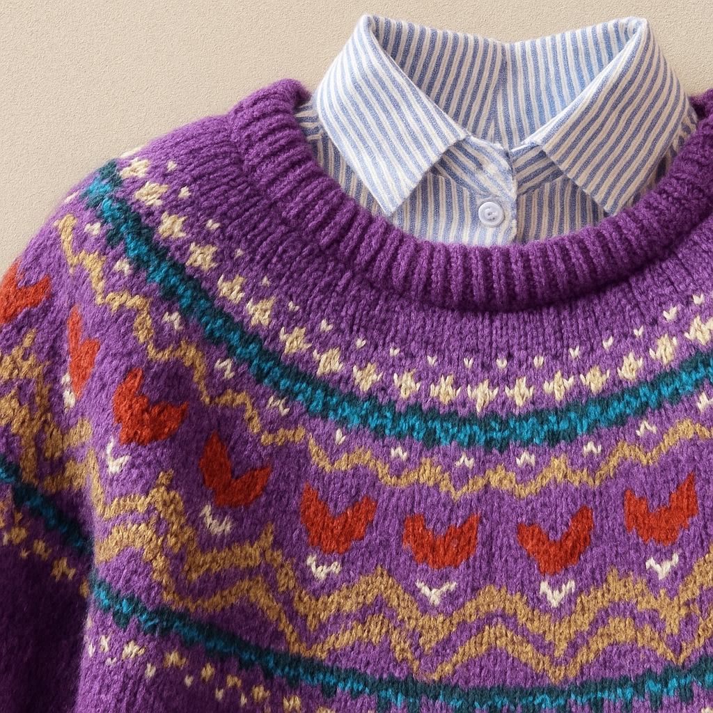 Crew Neck Long Sleeve Fair Isle Knit Sweater 2