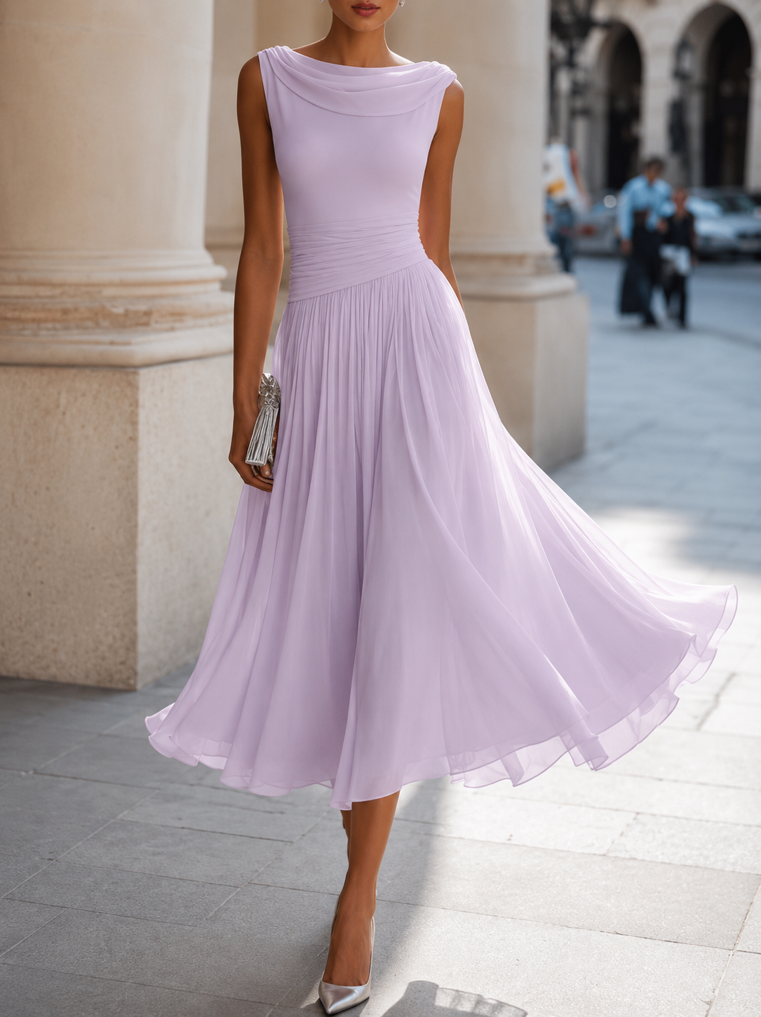 Chiffon Cowl Neck Sleeveless Pleated Midi Cocktail Dress 5