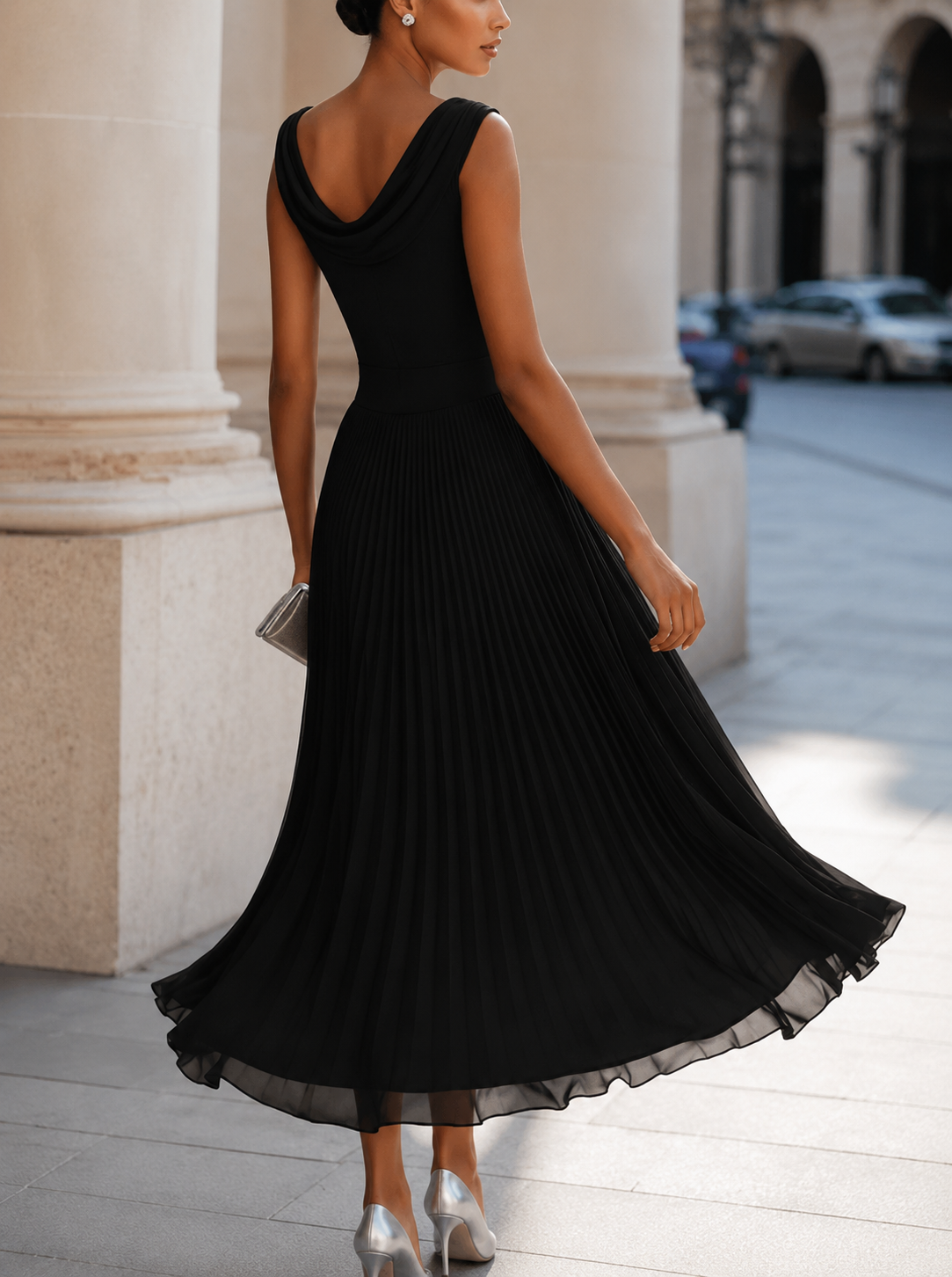 Chiffon Cowl Neck Sleeveless Pleated Midi Cocktail Dress 7