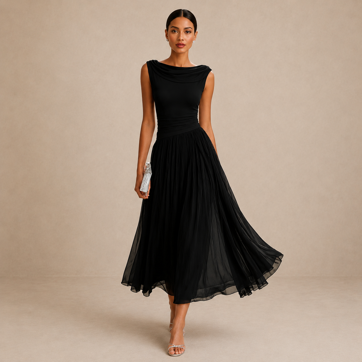 Chiffon Cowl Neck Sleeveless Pleated Midi Cocktail Dress