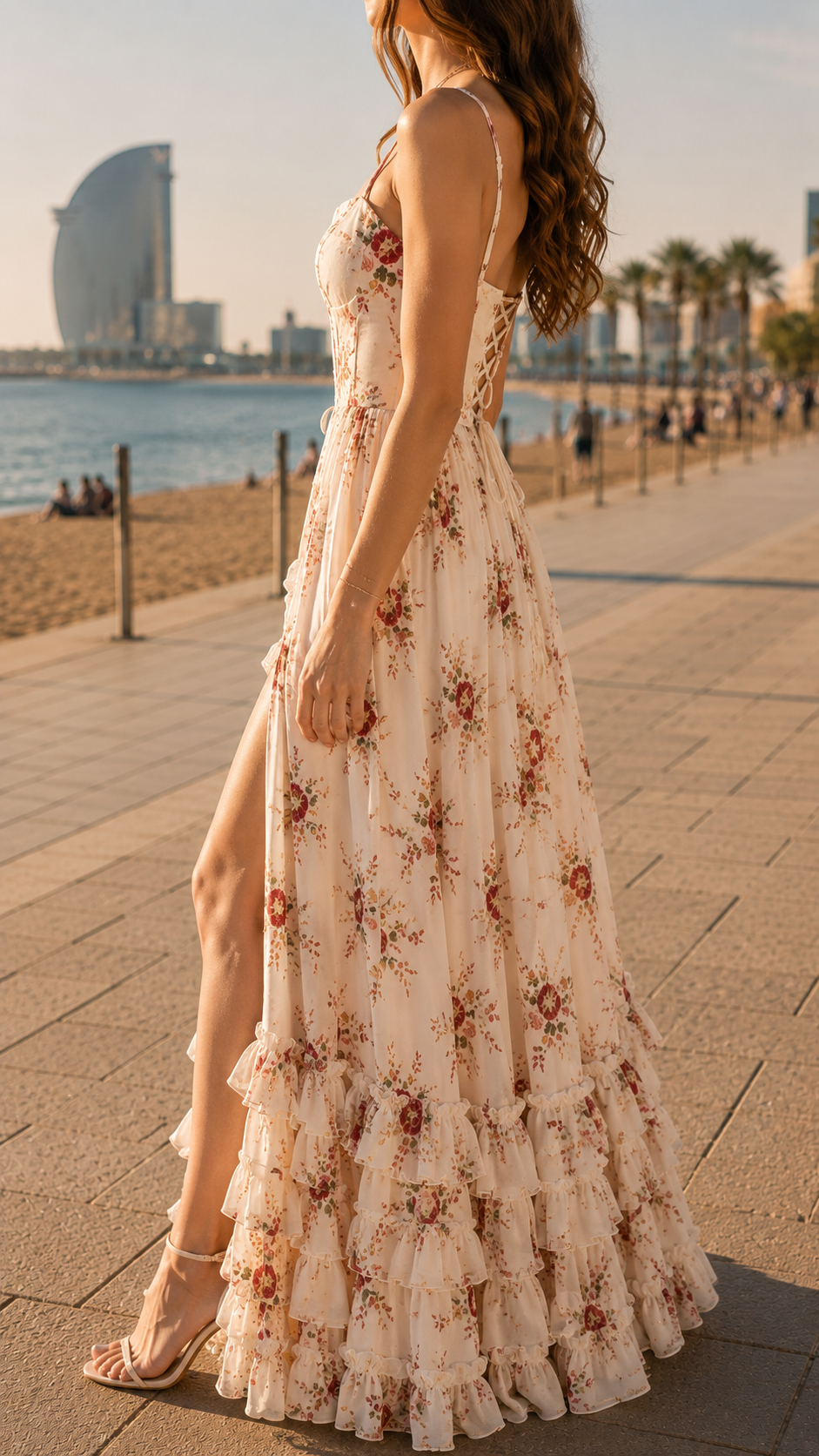 Floral Corset Bodice High Split Ruffle Hem Maxi Dress 3