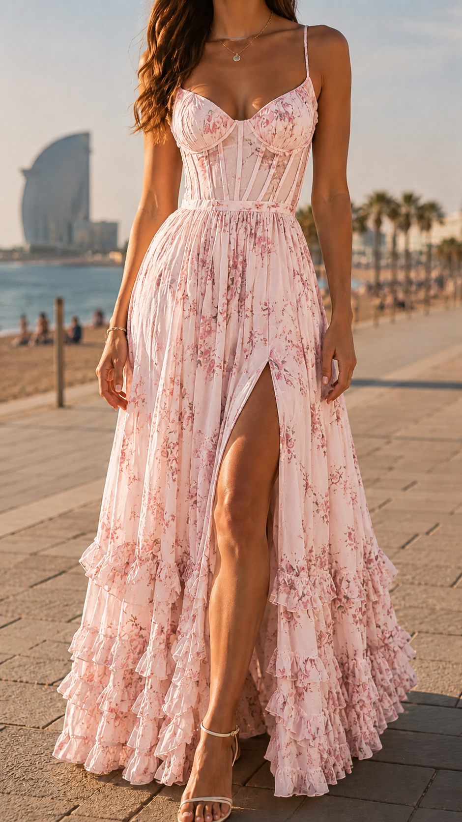 Floral Corset Bodice High Split Ruffle Hem Maxi Dress 6