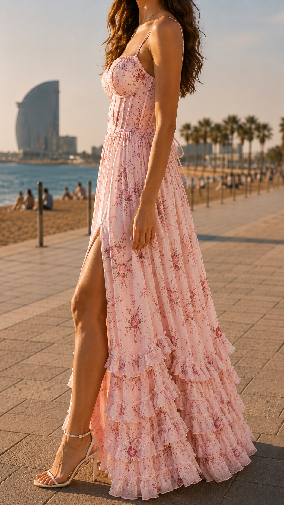 Floral Corset Bodice High Split Ruffle Hem Maxi Dress 8